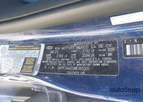 2021 Kia Forte Gt-Line from USA, damaged, VIN 3KPF34AD5ME365331